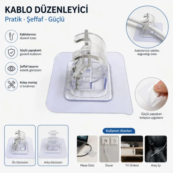 Çok Amaçlı Kıskaçlı Yapışkanlı Kablo ve Mop Tutucu