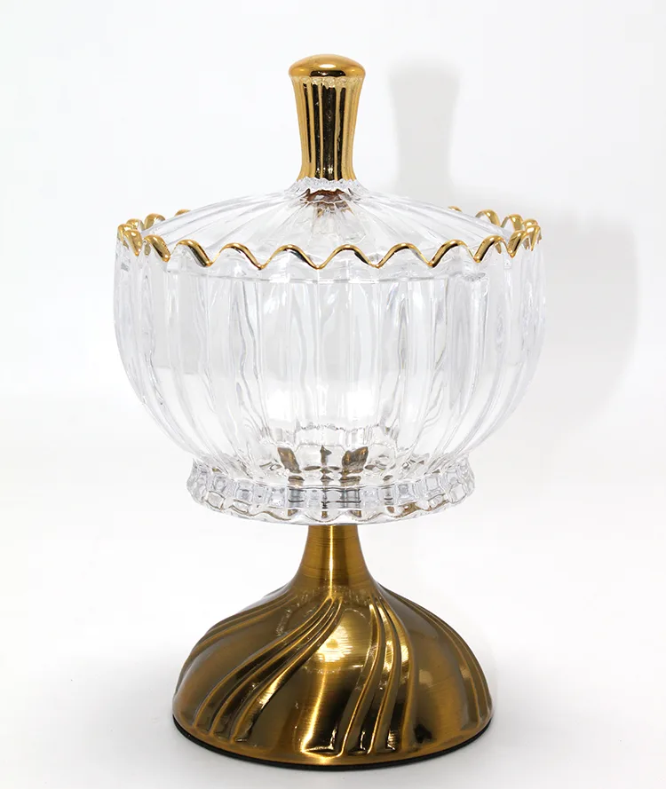 Metal Ayaklı Kristal Cam Şekerlik Gold Detaylı Sunumluk