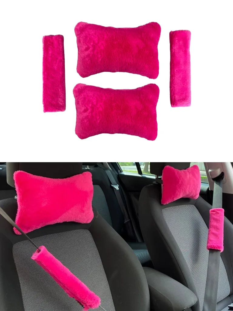 Peluş Ortopedik Araba Seyahat Boyun Yastığı Emniyet Kemer Pedi Seti Fuşya Pembe